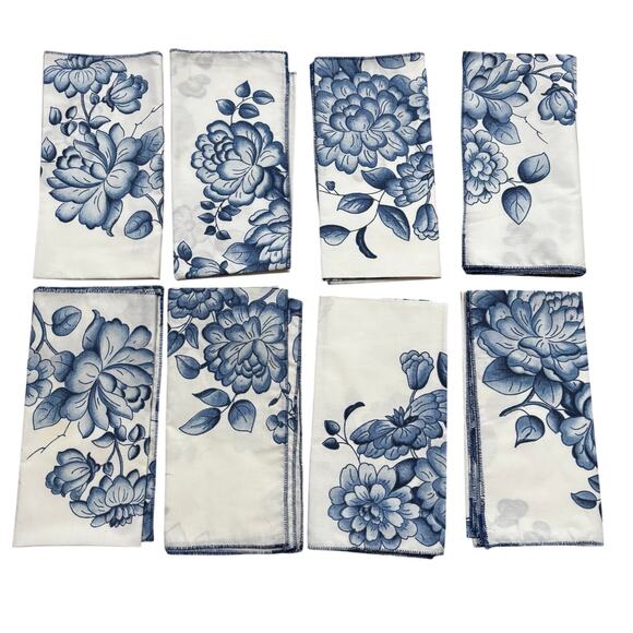 Eight square cotton cloth dinner napkins (8) blue & white formal toile style - Picture 1 of 6
